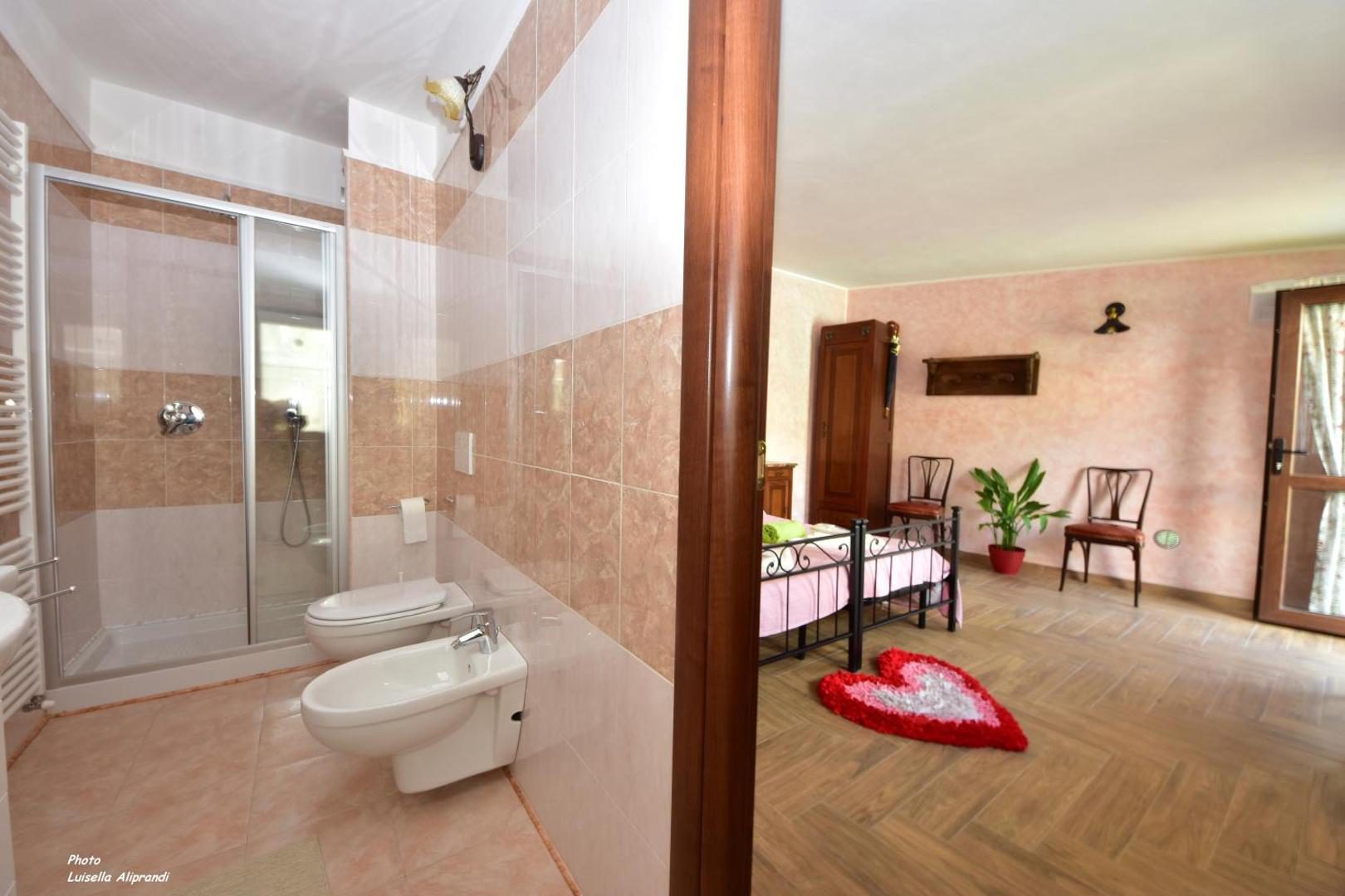 Hotel Diffuso Il Portichetto Perledo – baie cu dus si bideu si camera cu pat cu cadru de fier si usa spre gradina, Perledo, Lacul Como Hotel Diffuso Il Portichetto Perledo – baie cu dus si bideu si camera cu pat cu cadru de fier si usa spre gradina, Perledo, Lacul Como