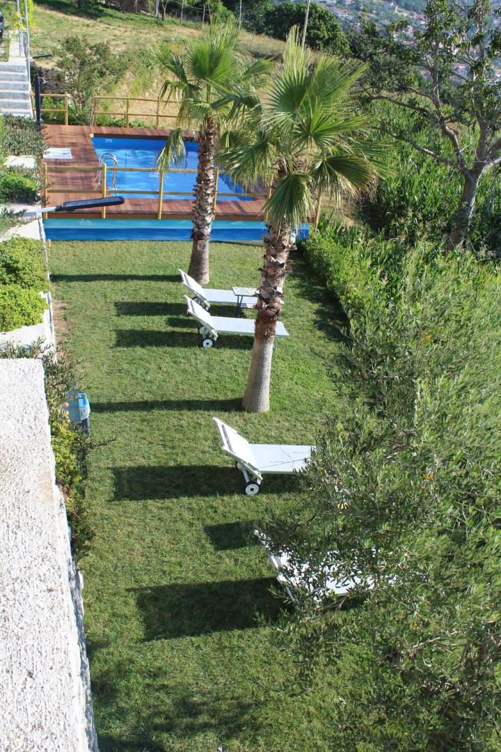 Panariello Palace Agerola – piscina exterioara pe terasa cu palmieri si vedere la valea din Agerola