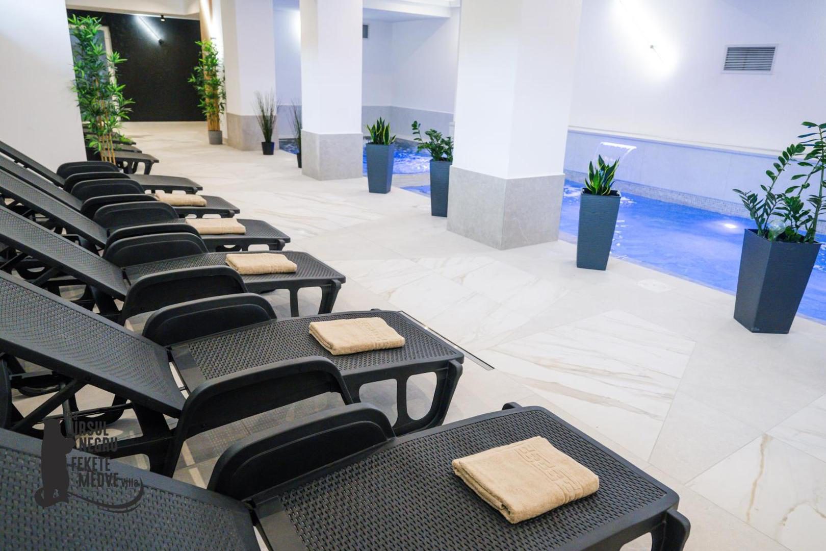 Vila Ursul Negru – zona piscinei interioare cu șezlonguri Vila Ursul Negru – zona piscinei interioare cu șezlonguri