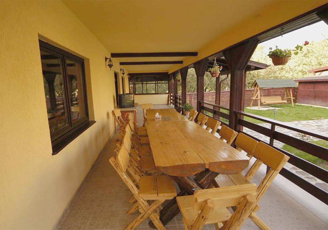 Casa Dracula by ProLex – terasa cu masă lungă de lemn și vedere spre grădină Casa Dracula by ProLex – terasa cu masă lungă de lemn și vedere spre grădină