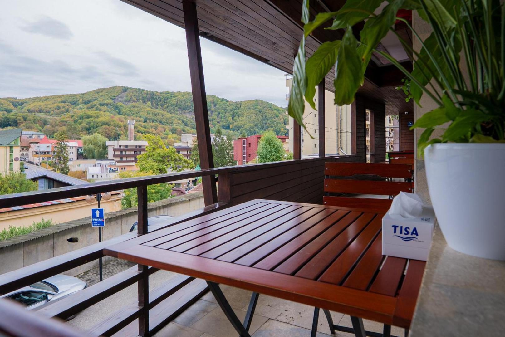 Balcon cu vedere spre Băile Olănești și dealurile din jur Balcon cu vedere spre Băile Olănești și dealurile din jur