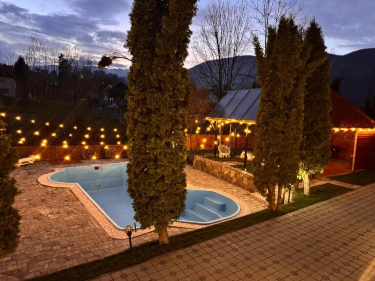 Rare Forest Retreat & Spa – piscina exterioară seara, cu ghirlande luminoase deasupra curții