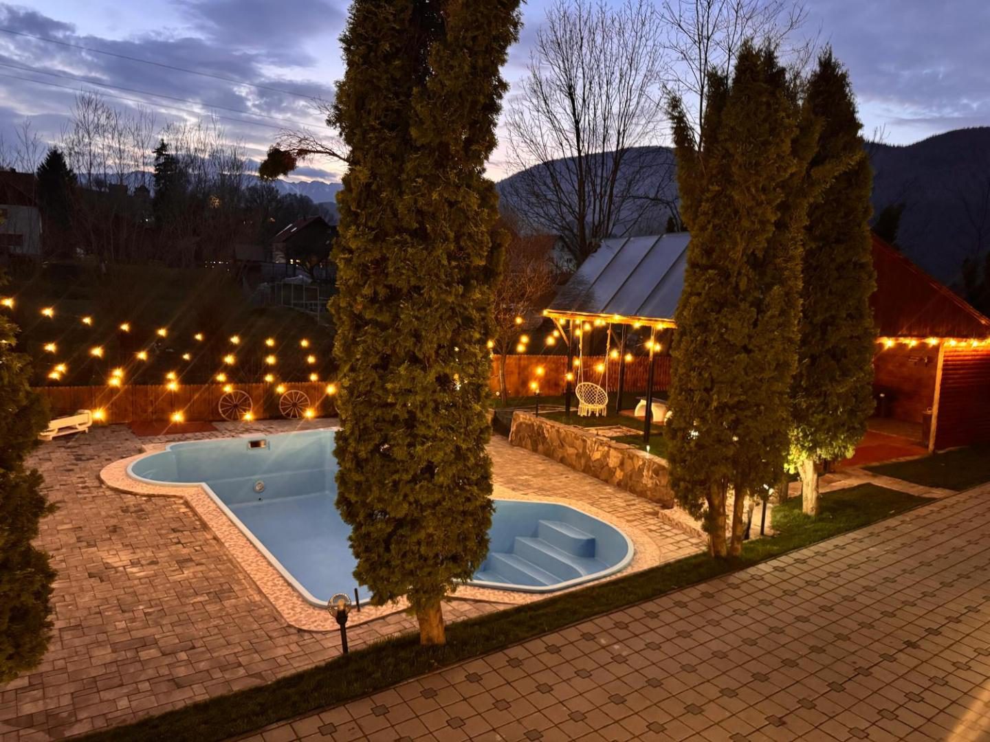Rare Forest Retreat & Spa – piscina exterioară seara, cu ghirlande luminoase deasupra curții