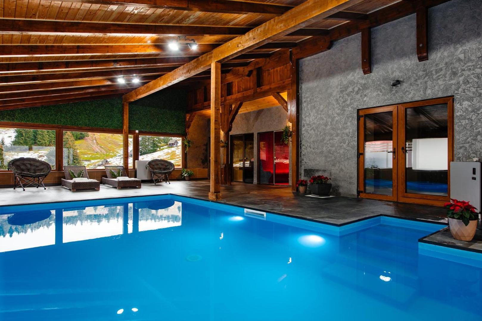 Aries Vârtop – piscina interioară cu ferestre mari spre pădurea înzăpezită